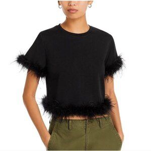 AQUA Feather Trim Short Sleeve Top, Black, Size Small